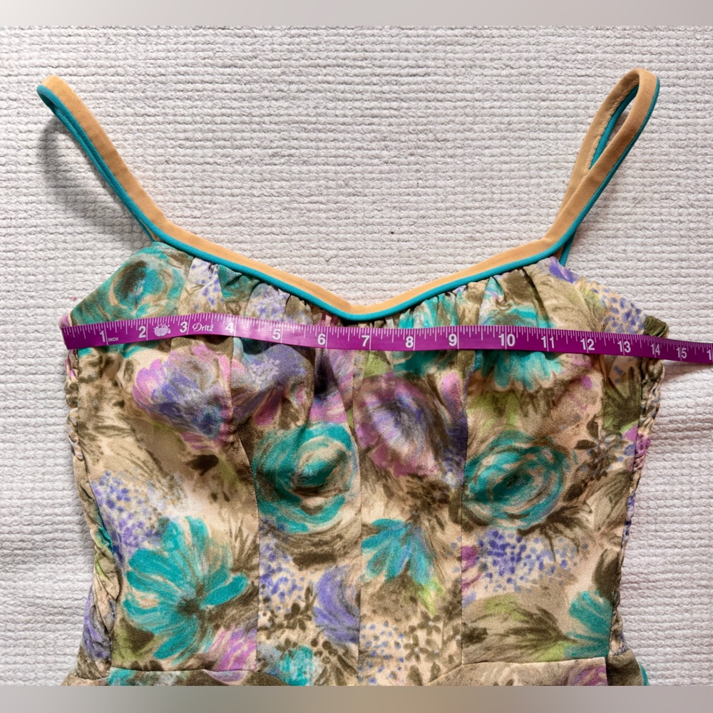 Vintage Teal & Lavender Floral A-line Dress Summer Feminine Retro 50s 70s - Picture 5 of 10